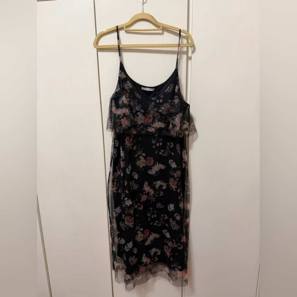 Floral Mesh Spaghetti Strap Dress - Black with Pink Blooms